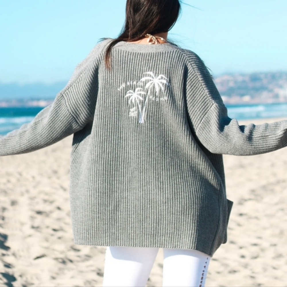 The Beach People Cozy Embroidered oversized open front cardigan Gray Sz M / L